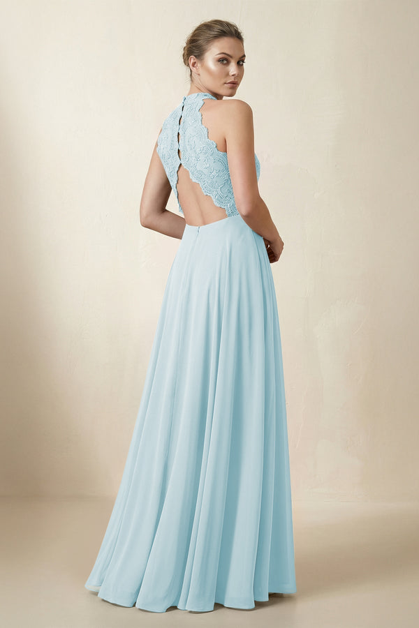 Lace Halter A - Line Chiffon Bridesmaid Dress in Sky Blue - KissProm Bridesmaid Dresses
