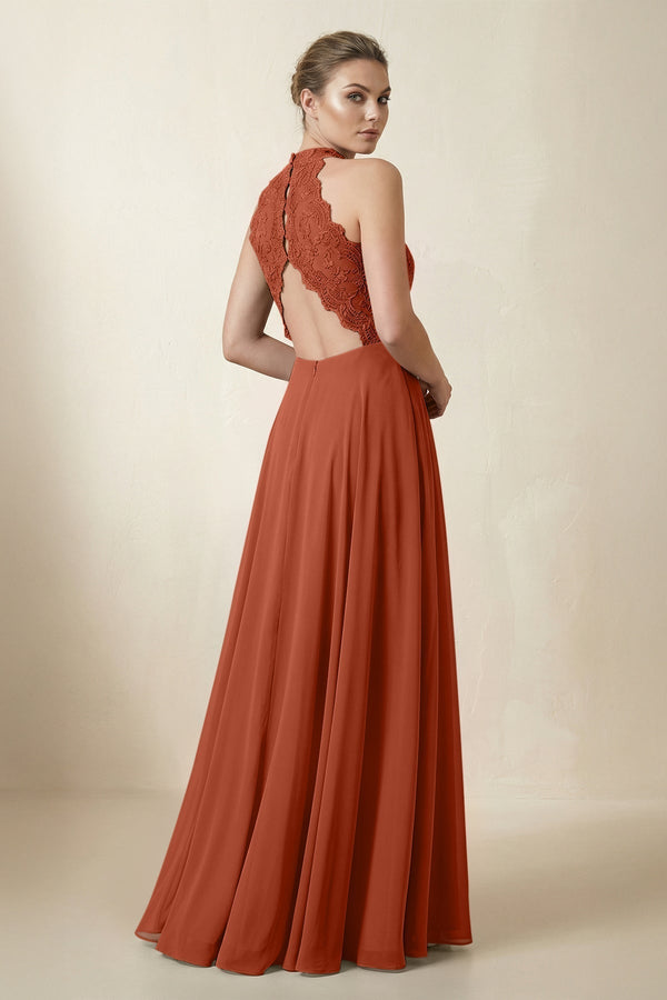 Lace Halter A - Line Chiffon Bridesmaid Dress in Spice - KissProm Bridesmaid Dresses