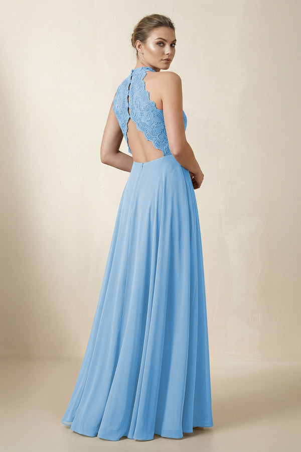 Lace Halter A - Line Chiffon Bridesmaid Dress in Steel Blue - KissProm Bridesmaid Dresses