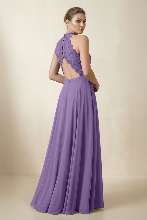 Lace Halter A - Line Chiffon Bridesmaid Dress in Tahiti - KissProm Bridesmaid Dresses