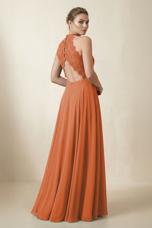 Lace Halter A - Line Chiffon Bridesmaid Dress in Terracotta - KissProm Bridesmaid Dresses