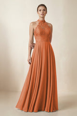 Lace Halter A - Line Chiffon Bridesmaid Dress in Terracotta - KissProm Bridesmaid Dresses
