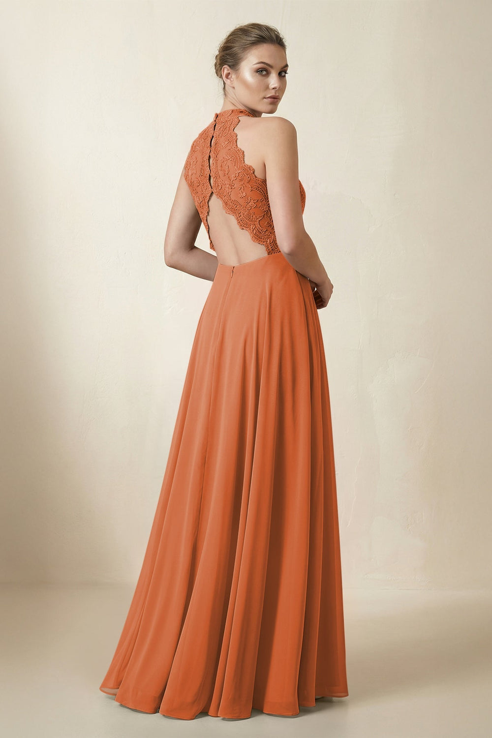 Lace Halter A - Line Chiffon Bridesmaid Dress in Terracotta - KissProm Bridesmaid Dresses