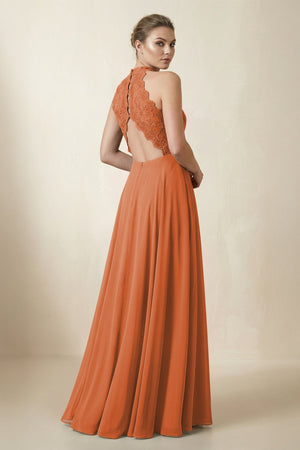 Lace Halter A - Line Chiffon Bridesmaid Dress in Terracotta - KissProm Bridesmaid Dresses
