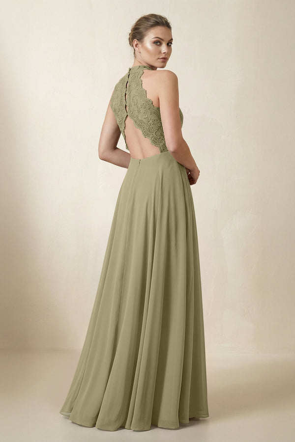 Lace Halter A - Line Chiffon Bridesmaid Dress in Thyme - KissProm Bridesmaid Dresses
