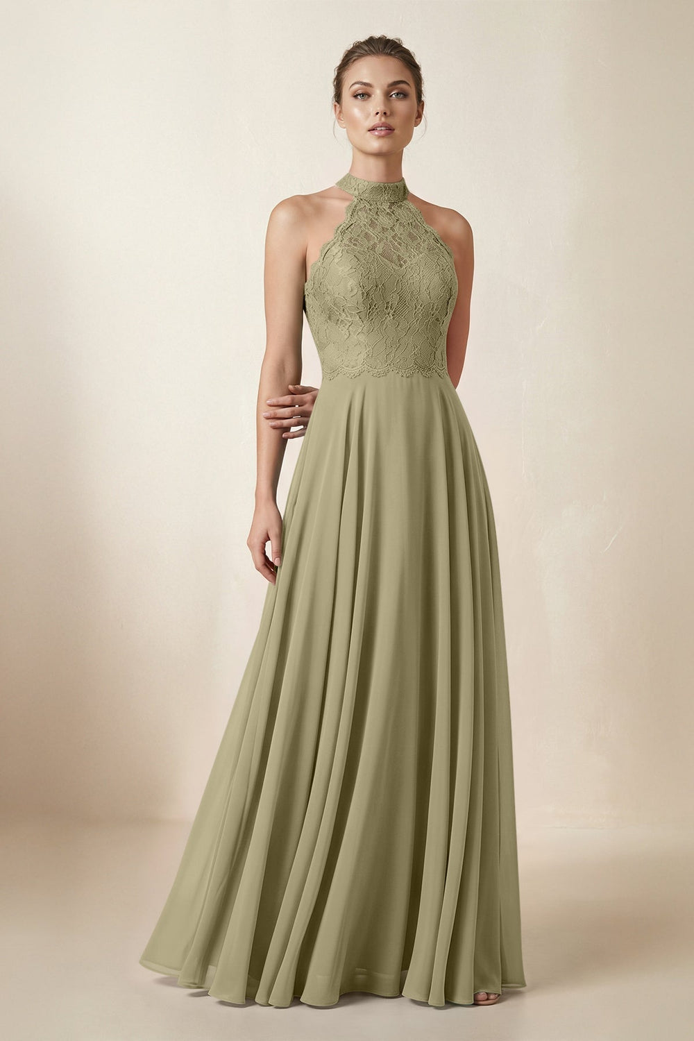 Lace Halter A - Line Chiffon Bridesmaid Dress in Thyme - KissProm Bridesmaid Dresses