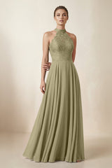 Lace Halter A - Line Chiffon Bridesmaid Dress in Thyme - KissProm Bridesmaid Dresses