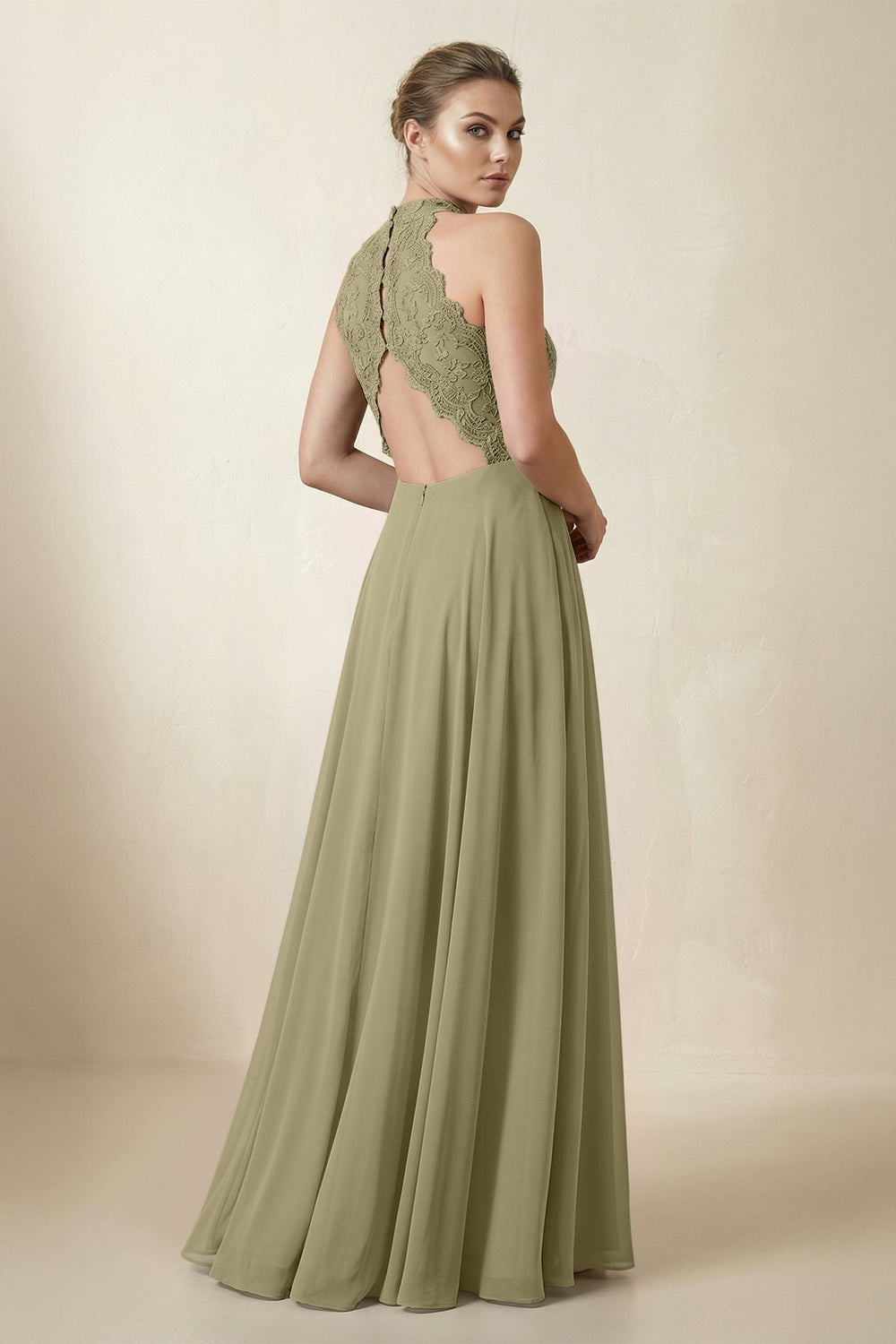 Lace Halter A - Line Chiffon Bridesmaid Dress in Thyme - KissProm Bridesmaid Dresses