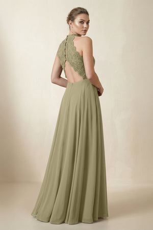 Lace Halter A - Line Chiffon Bridesmaid Dress in Thyme - KissProm Bridesmaid Dresses