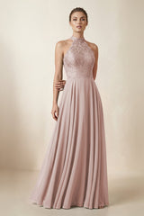 Lace Halter A - Line Chiffon Bridesmaid Dress in Toffee - KissProm Bridesmaid Dresses