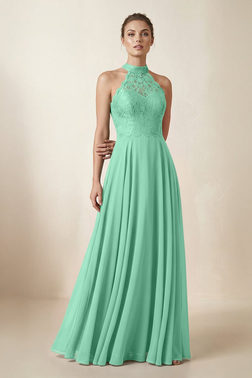 Lace Halter A - Line Chiffon Bridesmaid Dress in Turquoise - KissProm Bridesmaid Dresses
