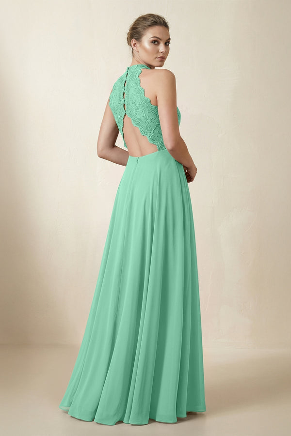 Lace Halter A - Line Chiffon Bridesmaid Dress in Turquoise - KissProm Bridesmaid Dresses