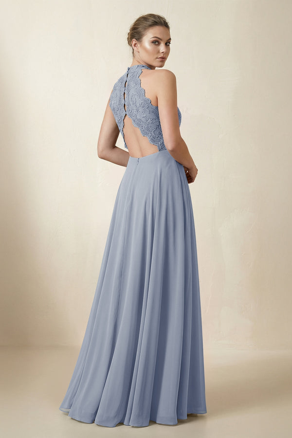 Lace Halter A - Line Chiffon Bridesmaid Dress in Twilight - KissProm Bridesmaid Dresses