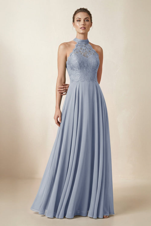 Lace Halter A - Line Chiffon Bridesmaid Dress in Twilight - KissProm Bridesmaid Dresses