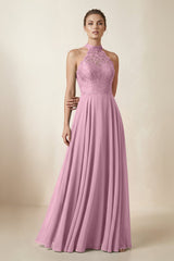 Lace Halter A - Line Chiffon Bridesmaid Dress in Vintage Mauve - KissProm Bridesmaid Dresses