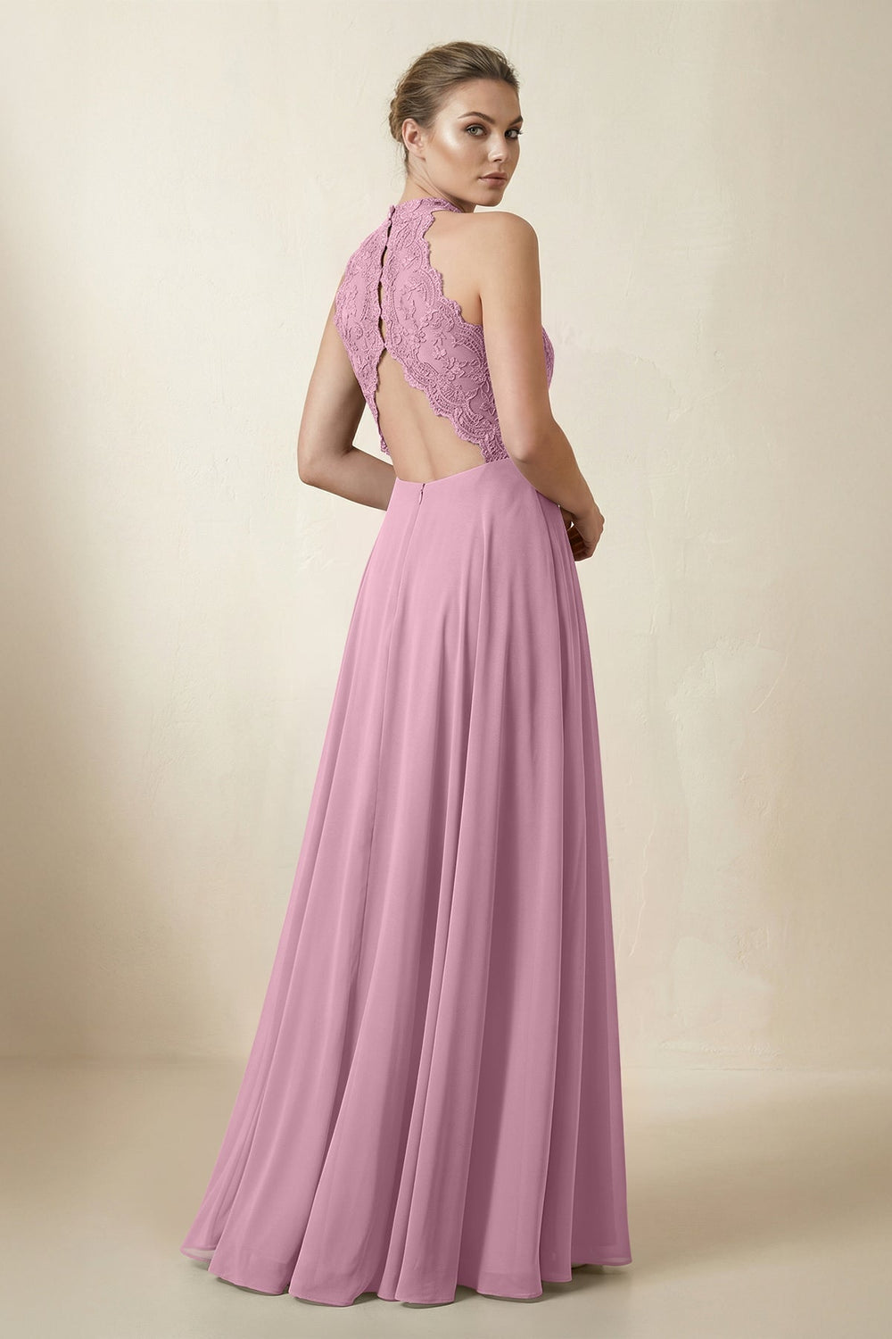 Lace Halter A - Line Chiffon Bridesmaid Dress in Vintage Mauve - KissProm Bridesmaid Dresses