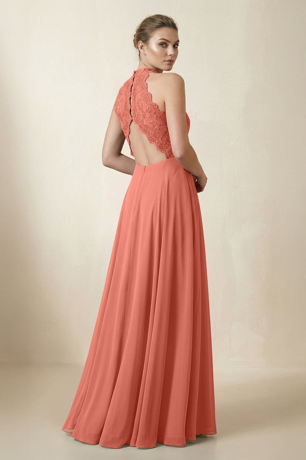 Lace Halter A - Line Chiffon Bridesmaid Dress in Wild Rose - KissProm Bridesmaid Dresses