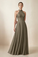 Lace Halter A - Line Chiffon Bridesmaid Dress in Willow Green - KissProm Bridesmaid Dresses