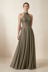 Lace Halter A - Line Chiffon Bridesmaid Dress in Willow Green - KissProm Bridesmaid Dresses
