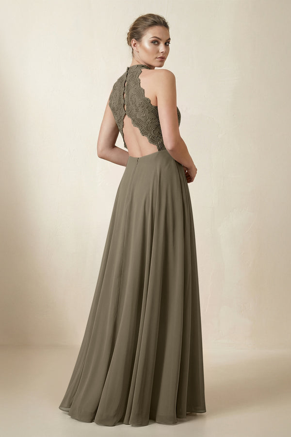 Lace Halter A - Line Chiffon Bridesmaid Dress in Willow Green - KissProm Bridesmaid Dresses