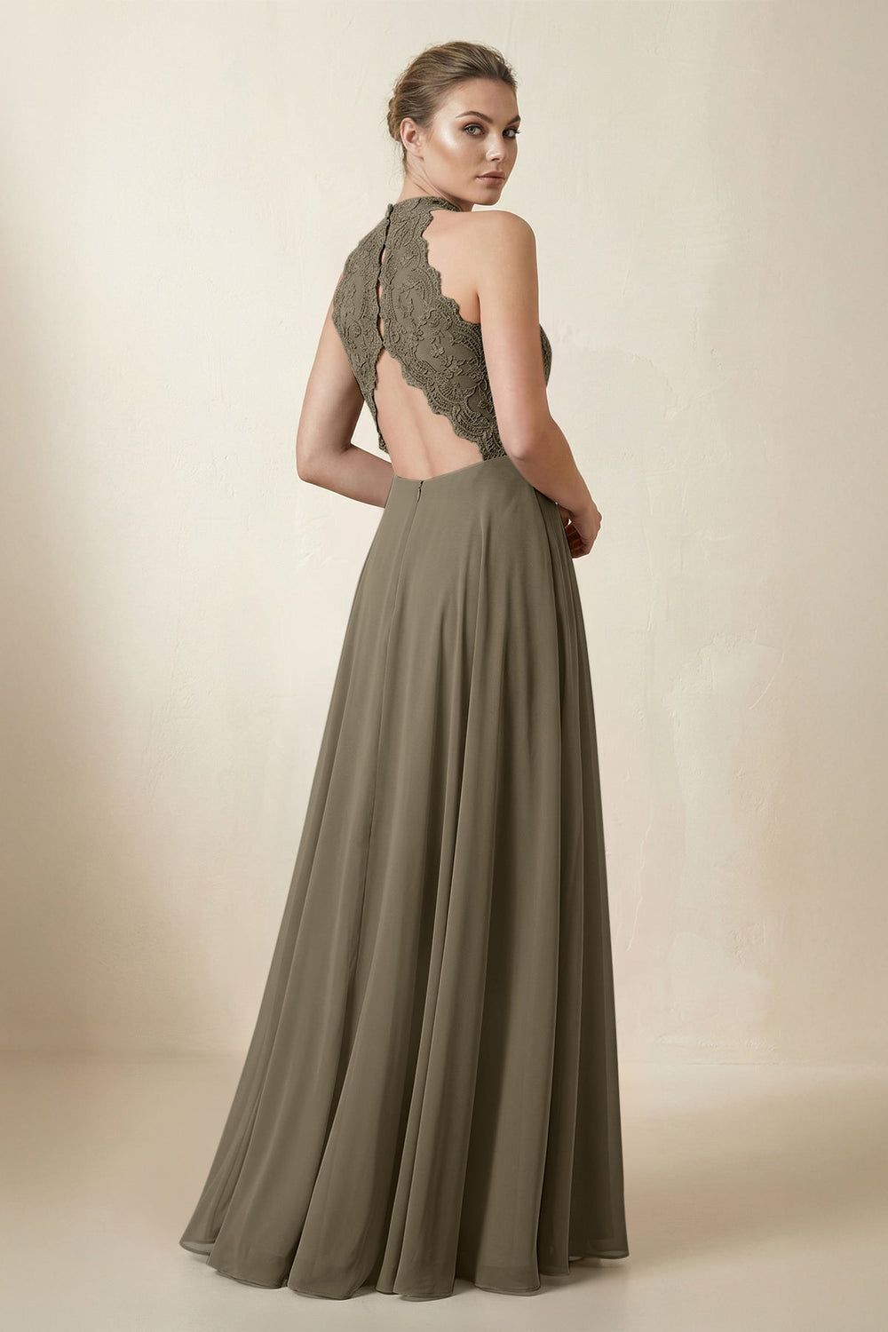 Lace Halter A - Line Chiffon Bridesmaid Dress in Willow Green - KissProm Bridesmaid Dresses