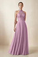 Lace Halter A - Line Chiffon Bridesmaid Dress in Wisteria - KissProm Bridesmaid Dresses