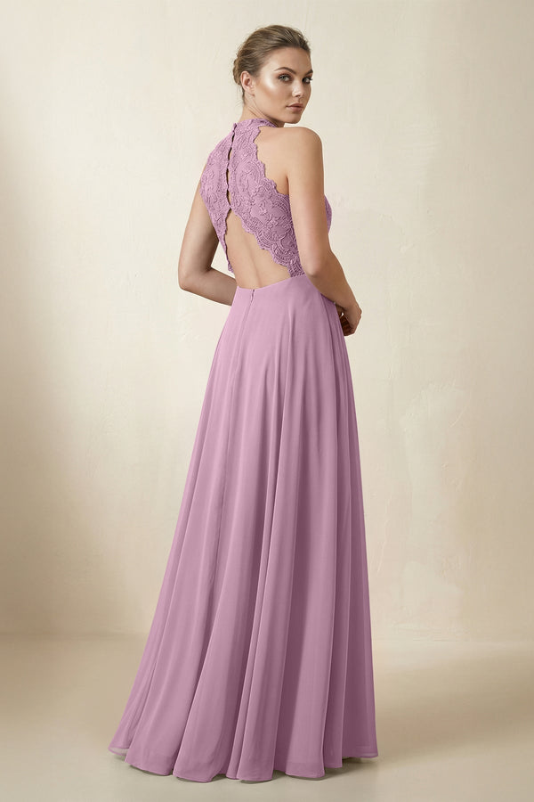 Lace Halter A - Line Chiffon Bridesmaid Dress in Wisteria - KissProm Bridesmaid Dresses