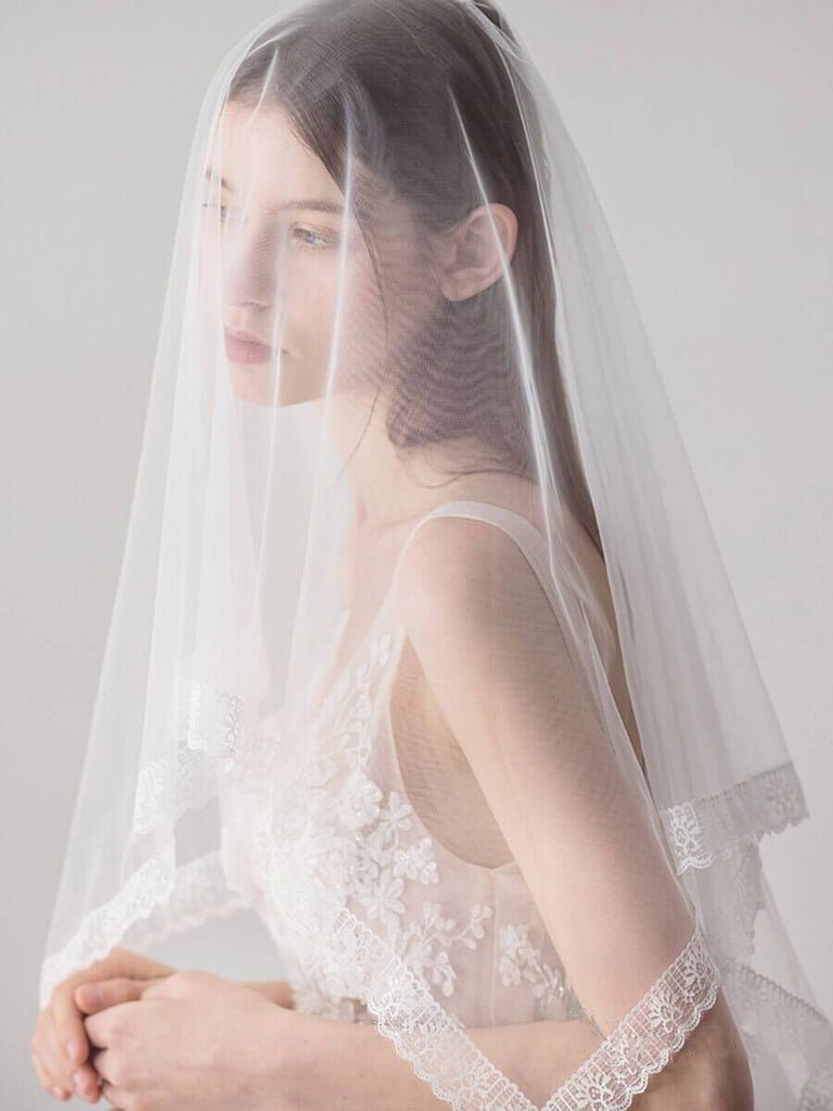 Lace Hemline Ivory Tulle Wedding Veils - KissProm