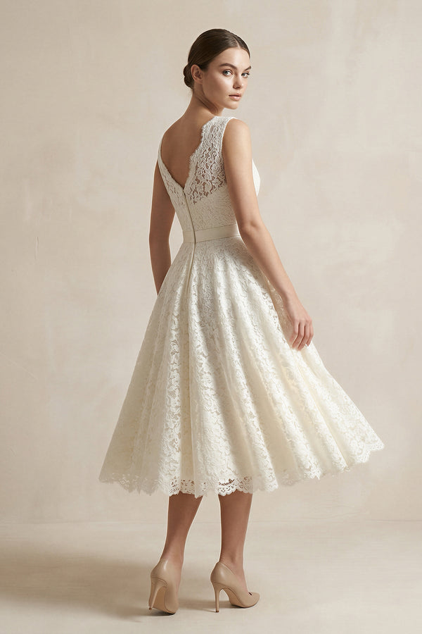 Lace Illusion Neck Lace A-Line Midi Wedding Dress in White, White / 30