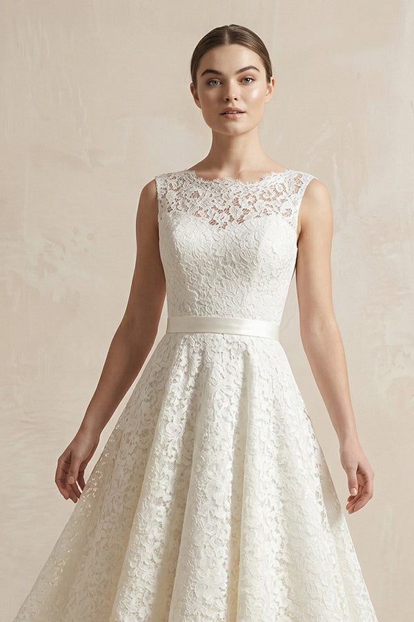 Lace Illusion Neck Lace A-Line Midi Wedding Dress in White, White / 30