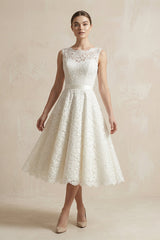 Lace Illusion Neck Lace A - Line Midi Wedding Dress in White - KissProm Wedding Dresses