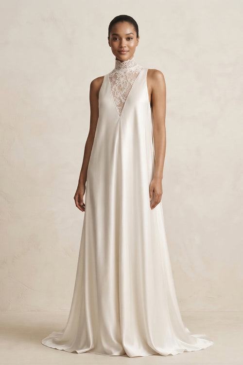 Lace Illusion Neck Satin A - Line Wedding Dress in Ivory - KissProm Wedding Dresses