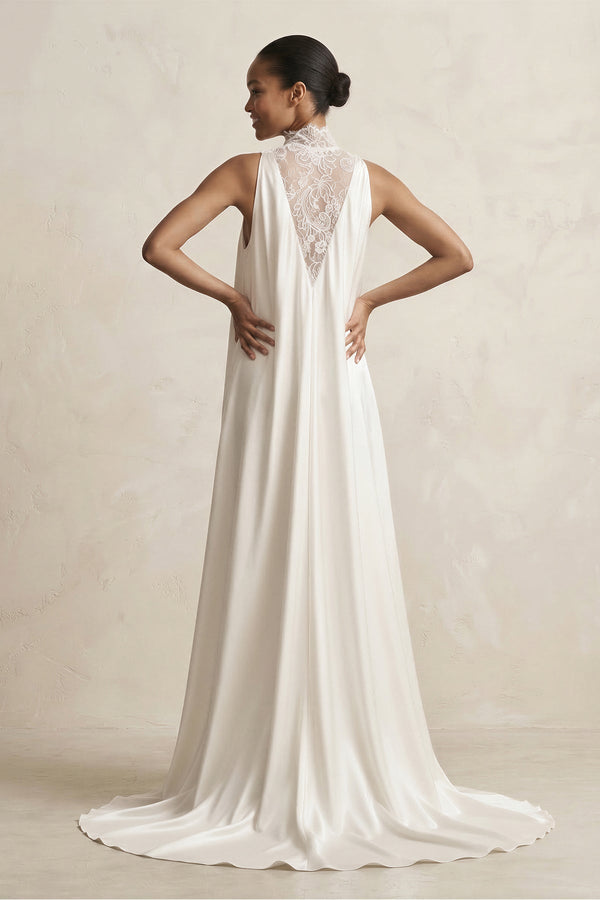 KissProm Lace Illusion Neck Satin A-Line Wedding Dress in Ivory, Ivory / 20