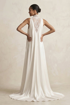 Lace Illusion Neck Satin A - Line Wedding Dress in Ivory - KissProm Wedding Dresses