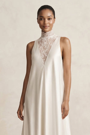 Lace Illusion Neck Satin A - Line Wedding Dress in Ivory - KissProm Wedding Dresses