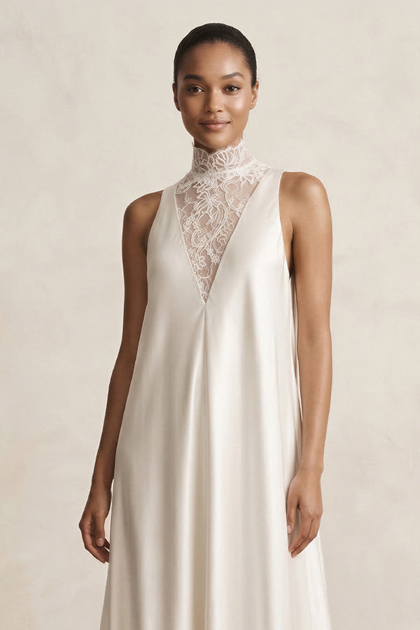 Lace Illusion Neck Satin A - Line Wedding Dress in Ivory - KissProm Wedding Dresses
