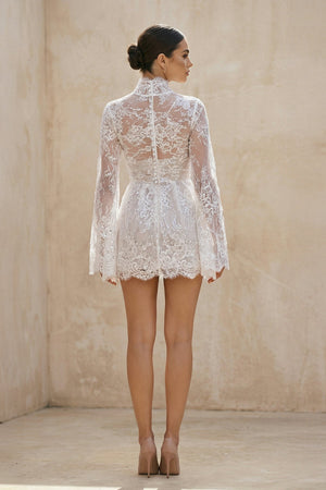 Lace Long Sleeve Illusion Neck Mini Wedding Dress in Ivory - KissProm Wedding Dresses