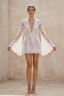 Lace Long Sleeve Plunging V Neck Mini Wedding Dress in Ivory - KissProm Wedding Dresses