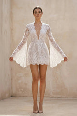 Lace Long Sleeve Plunging V Neck Mini Wedding Dress in Ivory - KissProm Wedding Dresses