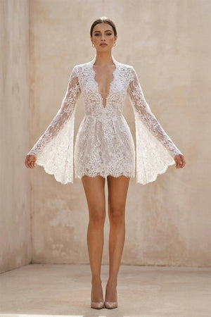 Lace Long Sleeve Plunging V Neck Mini Wedding Dress in Ivory - KissProm Wedding Dresses
