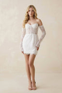 Lace Long Sleeves Sweetheart Sheath Mini Wedding Dress in White - KissProm Wedding Dresses