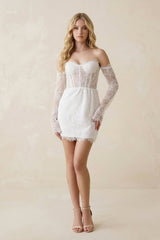 Lace Long Sleeves Sweetheart Sheath Mini Wedding Dress in White - KissProm Wedding Dresses