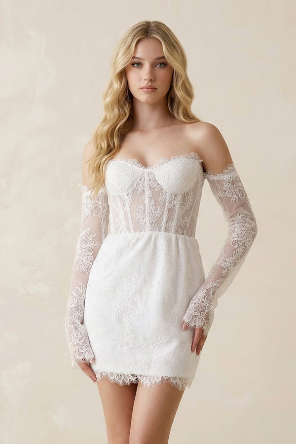 Lace Long Sleeves Sweetheart Sheath Mini Wedding Dress in White - KissProm Wedding Dresses