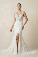 White V-Neck Sheath Long Lace Wedding Dress with Slit – Wedding Dresses by KissProm | Available at KissProm