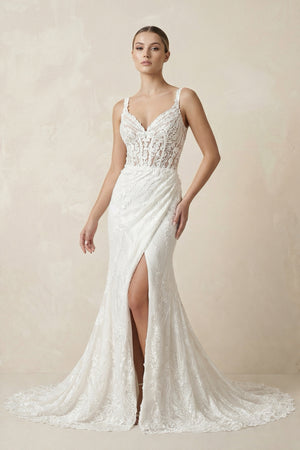 White V-Neck Sheath Long Lace Wedding Dress with Slit – Wedding Dresses by KissProm | Available at KissProm
