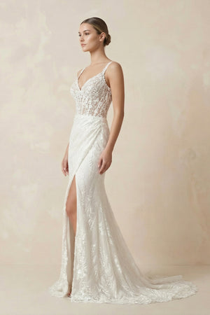 White V-Neck Sheath Long Lace Wedding Dress with Slit – Wedding Dresses by KissProm | Available at KissProm