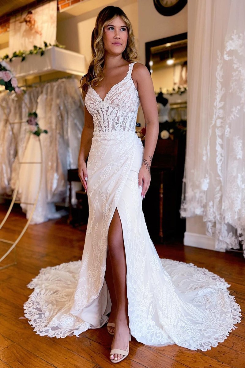 White V-Neck Mermaid Long Lace Wedding Dress with Slit