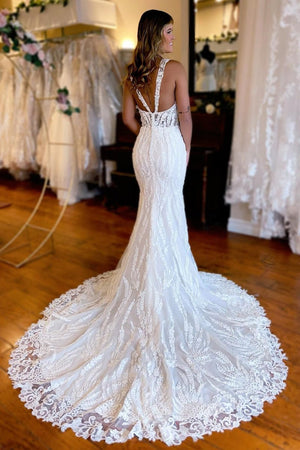 White V-Neck Sheath Long Lace Wedding Dress with Slit – Wedding Dresses by KissProm | Available at KissProm