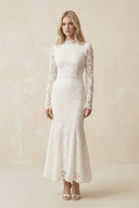 Lace Mermaid High - Neck Midi Wedding Dress With Long Sleeves in Ivory - KissProm Wedding Dresses