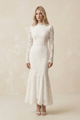 Lace Mermaid High - Neck Midi Wedding Dress With Long Sleeves in Ivory - KissProm Wedding Dresses